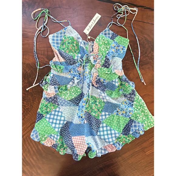 For Love And Lemons Pants - NWT For Love & Lemons Juniper Patchwork Romper XS